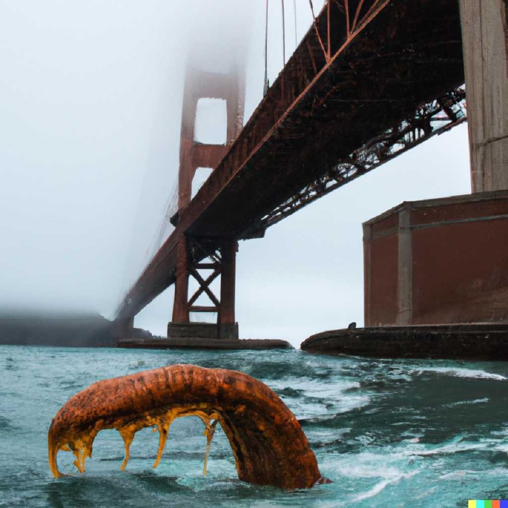 DALL·E photo of a kraken emerging from the ocean underneath the Golden Gate Bridge large