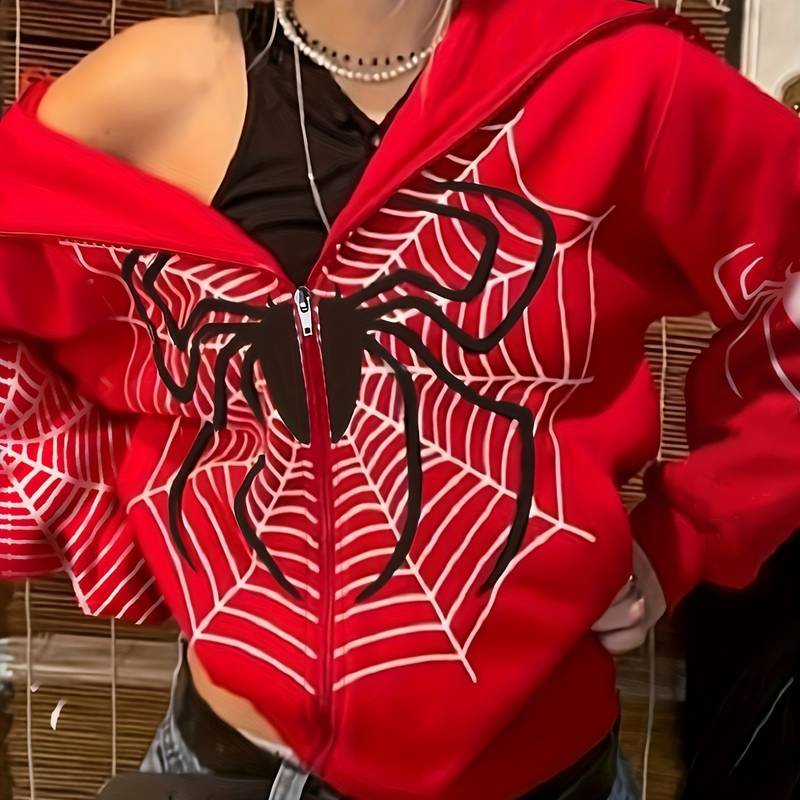 Y2K Spider Print Zip Up Hoodie, Long Sleeve Hoodies Sweatshirt, Women's Clothing